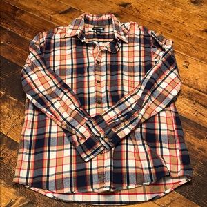 Lands End Flannel Shirt Mens Blue Plaid Button Down Collared Long Sleeve Size L